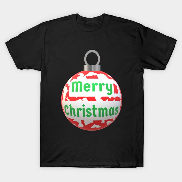 Christmas Tree Ornament with Merry Christmas, Abstract Red and White Peppermint Candy Cane Pattern, and Green Letters T-Shirt by Art By LM Designs 